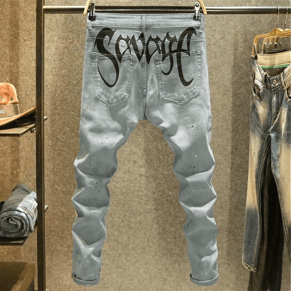 Men's Trendy High Street Ink-splashed Jeans Youth Elastic Slim Fit Personalized Printed Skinny Long Pants Men