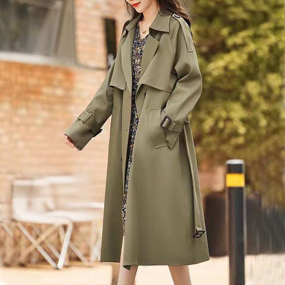 Women's Trench Coat Autumn Fashion Loose Fit Long Coat With Double Breasted Button, Casual Office Wear (Khaki, Green, Black)