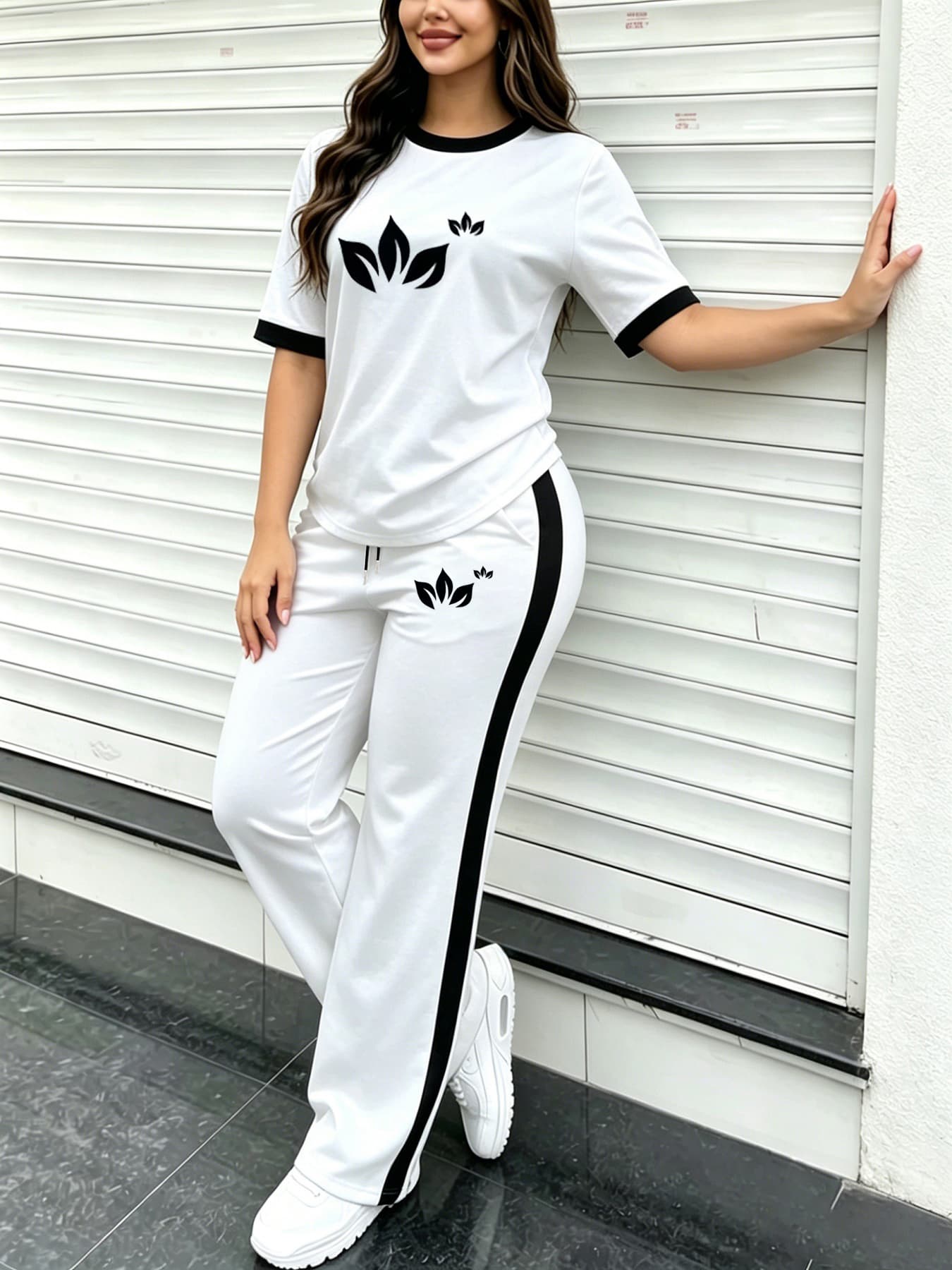 Women's Fresh Casual 2-piece Set, Double Leaf Print Colorblock Tee & Drape Slim Side-stripe Wide Leg Pants For Jogging, Shopping And Trips