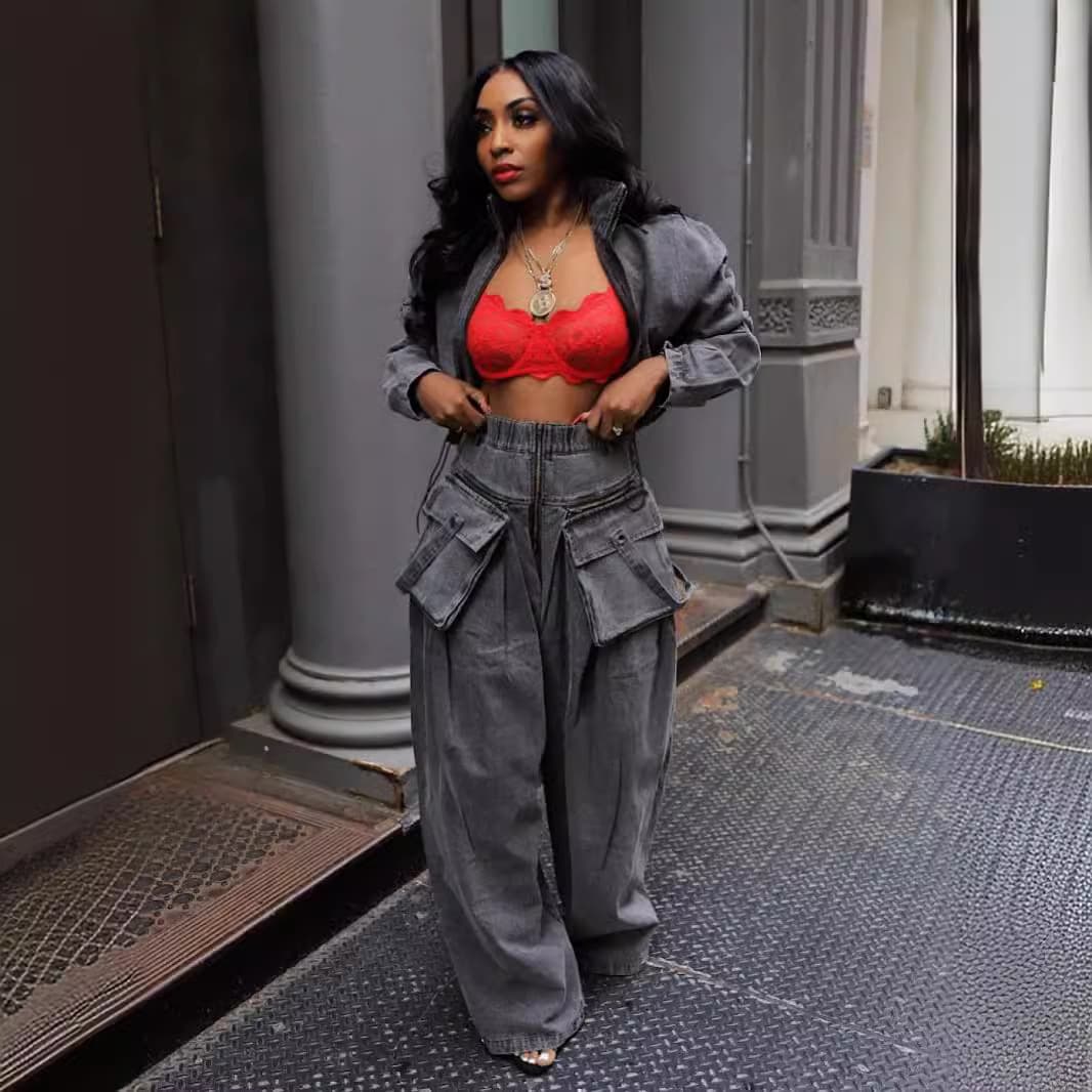 Women's Clothing Fashion Retro Wide Leg Loose Heavy Duty Denim Two Piece Suit Women's Clothing