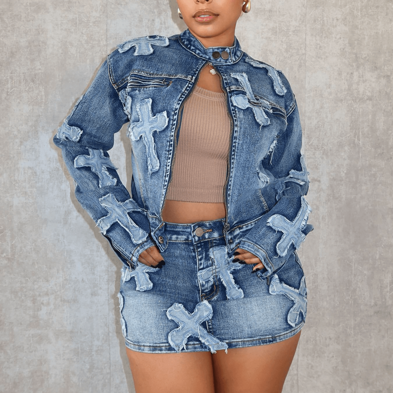 Women's Clothing Denim Embroidered Skirt Jacket Set