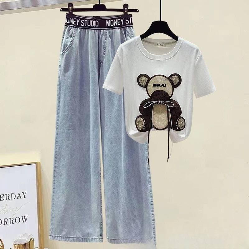 Women’s Clothing Jeans Suit Summer New Diamond Bow Short Sleeved T Shirt Women's High Waist Denim Wide Leg Pants Trend