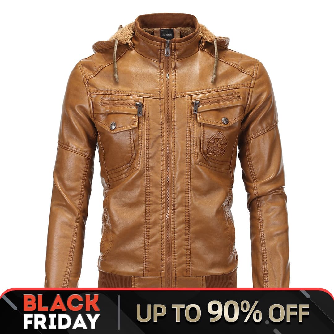 Men's leather plus fleece warm classic men's large size hooded leather jacket motorcycle windproof jacket