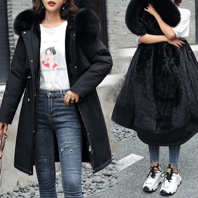 Women's Clothing winter new cotton coat women medium and long large fur collar plus velvet lining parka coat trendy