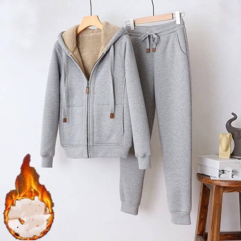 Women's Clothing Plush and thickened solid color slim long sleeved hooded cardigan jacket sweatpants two piece set