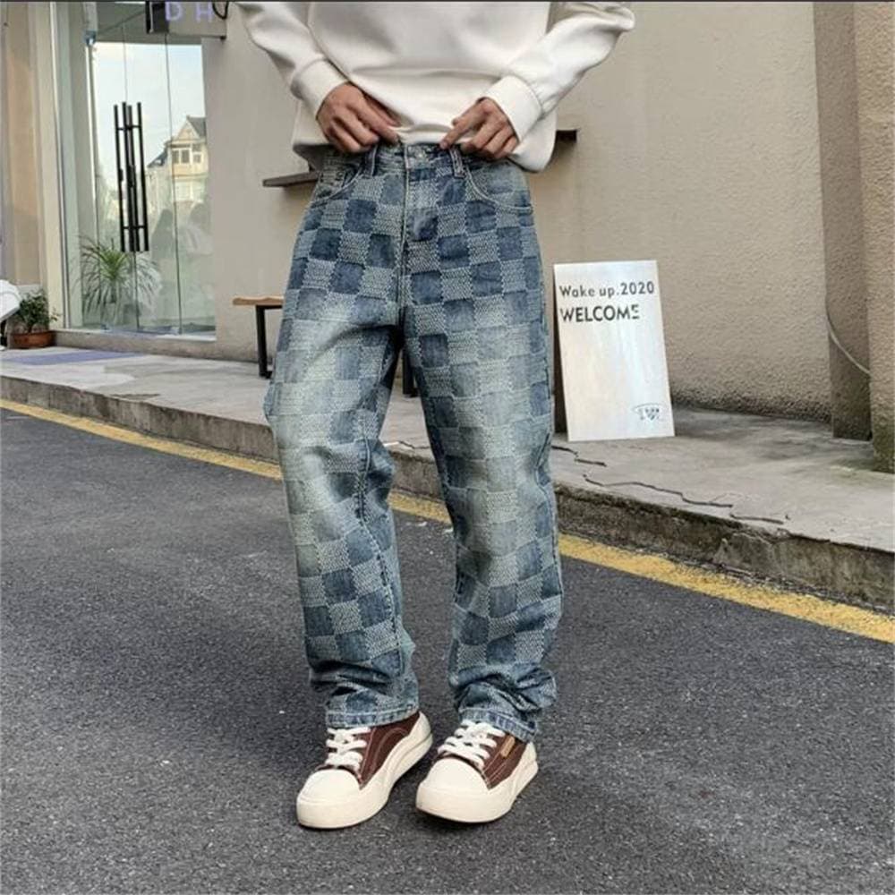 2025 European-Amecian Fashion Men's High Street Cowboy Pants Design Plaid Print Hip Hop Straight Jeans Brand Loose Wide Leg Mopping Denim Pant