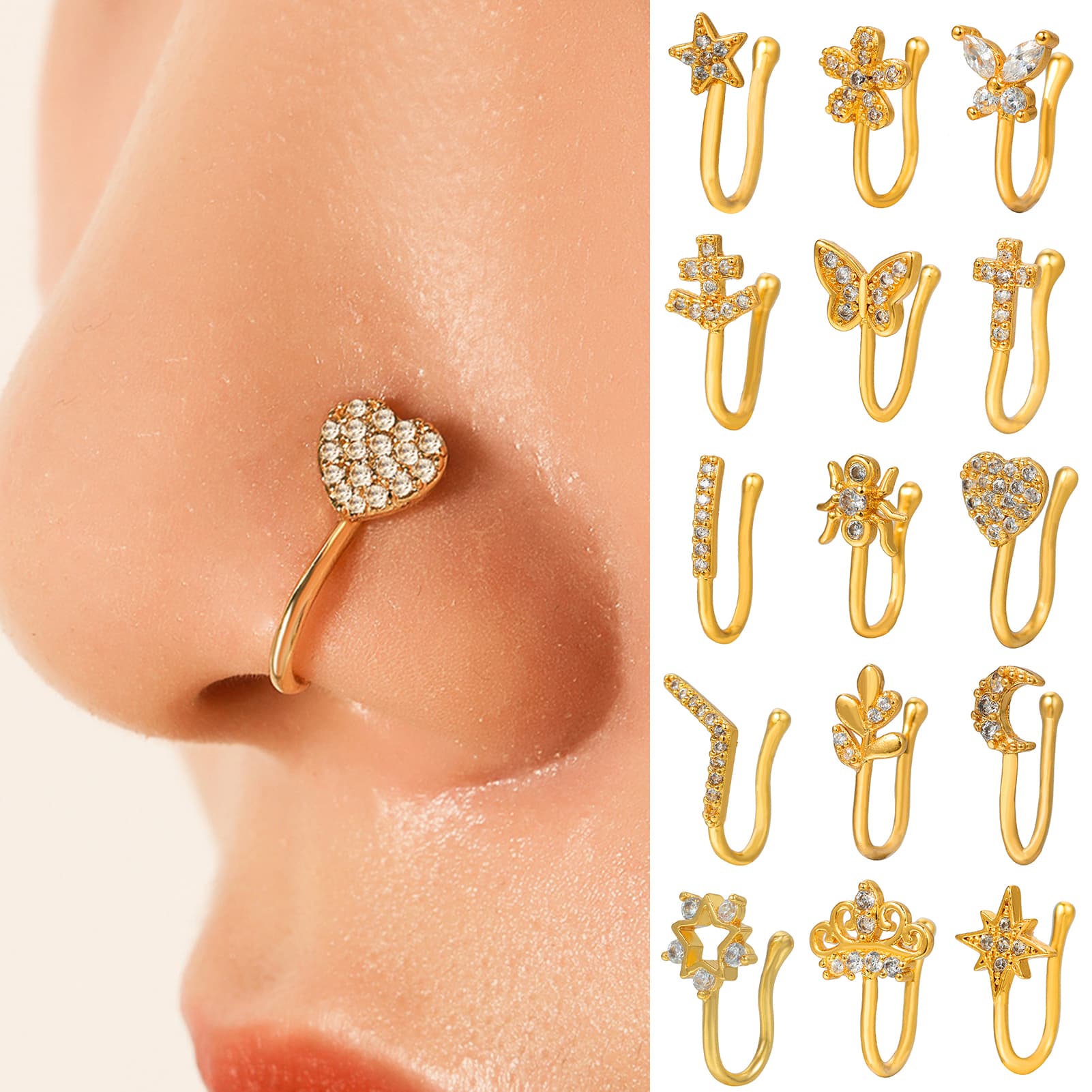 Shuosbai Nose Ring Exaggerated U-shaped Without Hole Clip on Rhinestone Decorate Personality Piercing Clip Nose Ring Decor Supplies