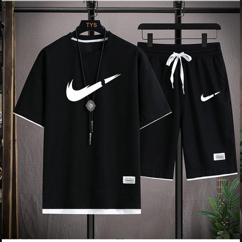 Gaufre T-shirt hommes deux pièces ensemble Couple ample mode grande taille 5/4 pantalon extérieur décontracté