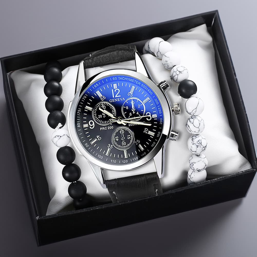 Men's simple fashion casual men's belt quartz watch + handmade beaded bracelet gift box