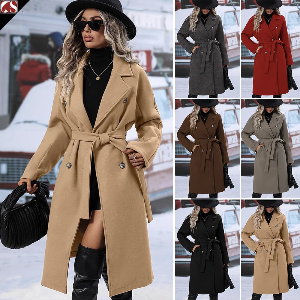 Women's Clothing Spot autumn and winter suit collar wool double breasted lace up coat jacket women