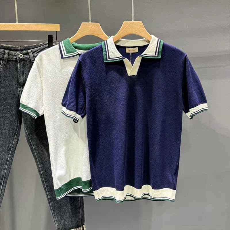 Men's Clothing Knitted V Neck Polo Shirt Color Matching Light Mature Retro Summer Short Sleeved Handsome Casual Men's T Shirt New Tops
