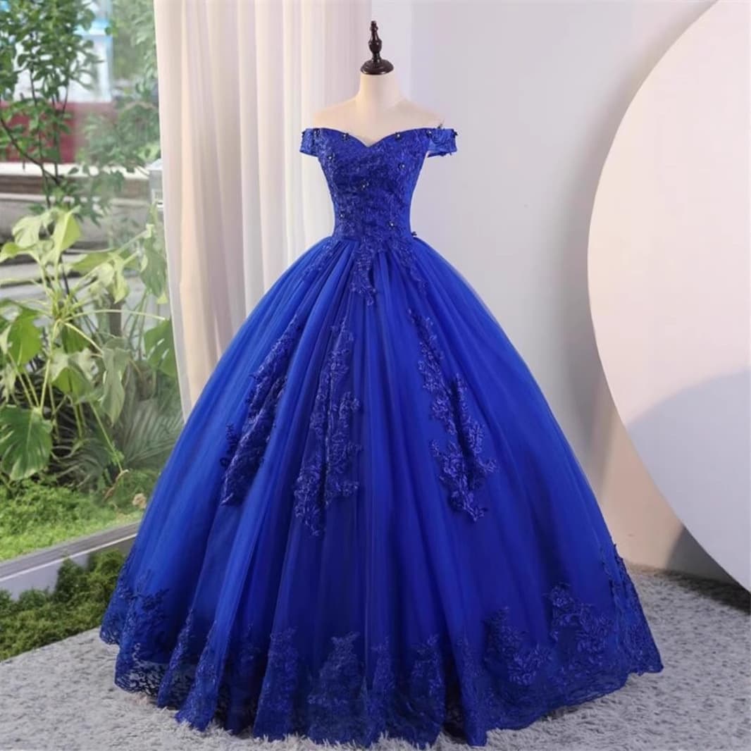 Blue Evening Gown For Adults New Style Off Shoulder Ballroom Skirt Catwalk Art Exam Hostess Colorful Gauze Dress Women