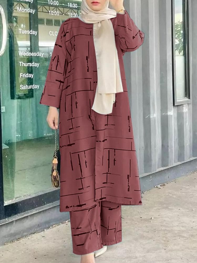Women's Muslim Print Daily Suit Army Green Fashion Casual Suit