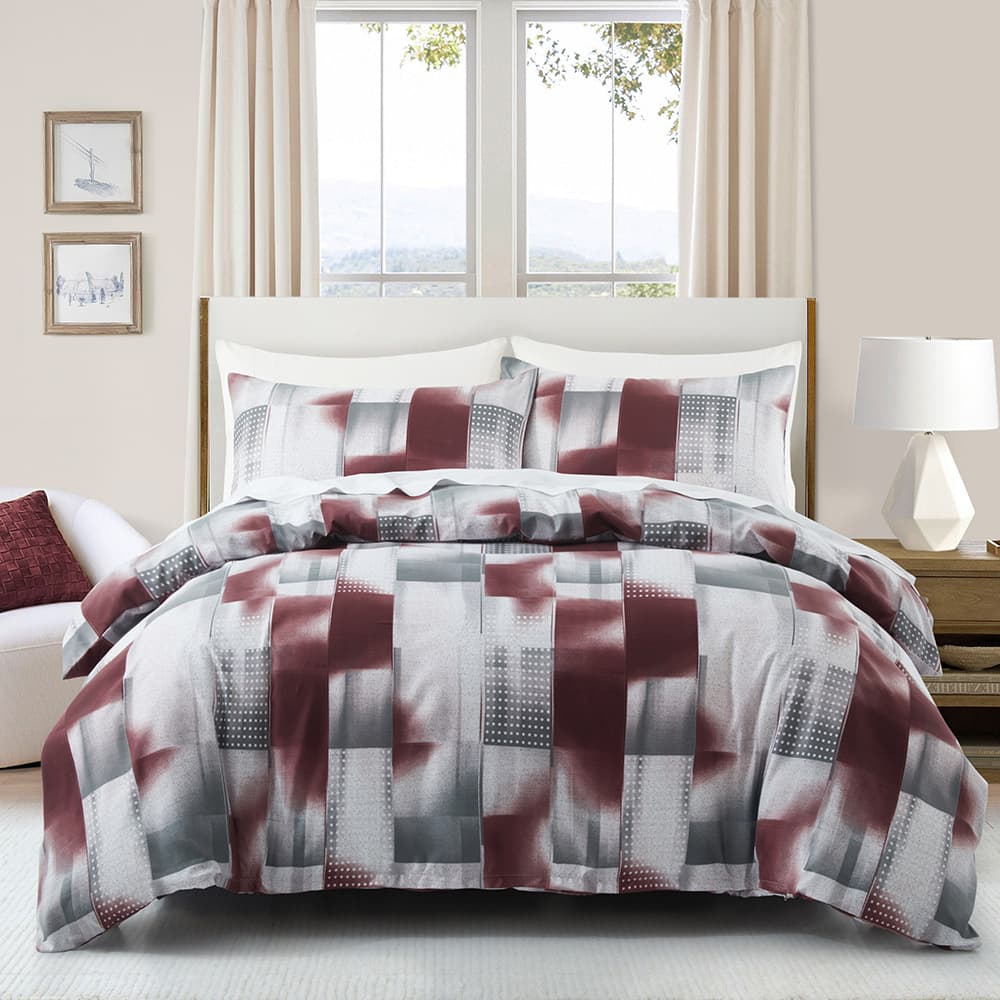 Red And Gray Geometric Plaid Double Sided Printed Quilt Cover Duvet Cover Three Piece Bedding Set In Soft Polyester - Milled Velvet Texture