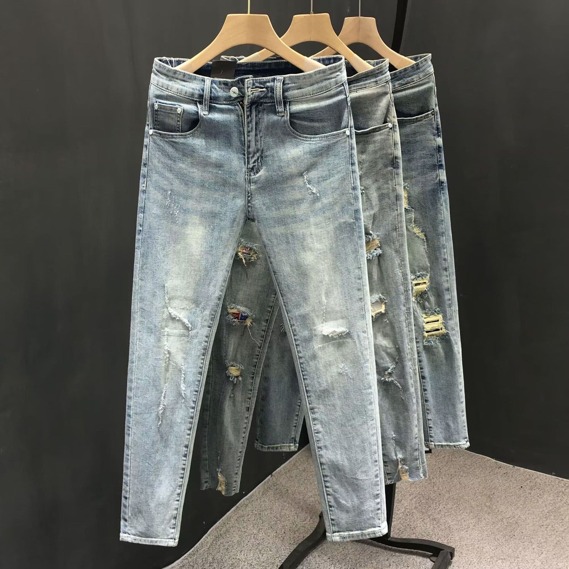 Men's Clothing Summer Heavy Wash Retro Distressed Ripped Jeans Men's Trendy Brand Handsome Scraped Slim Fit Skinny Nine Point Pants