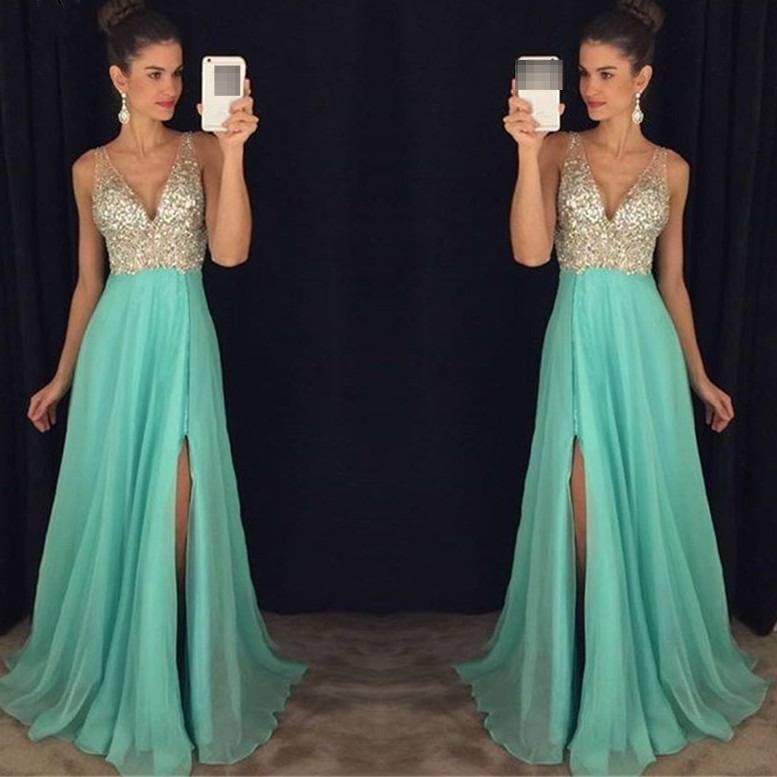 ​​Glitter Deep V-Neck Maxi Dress – Elegant Asymmetrical Chiffon Evening Gown For Party & Night Out