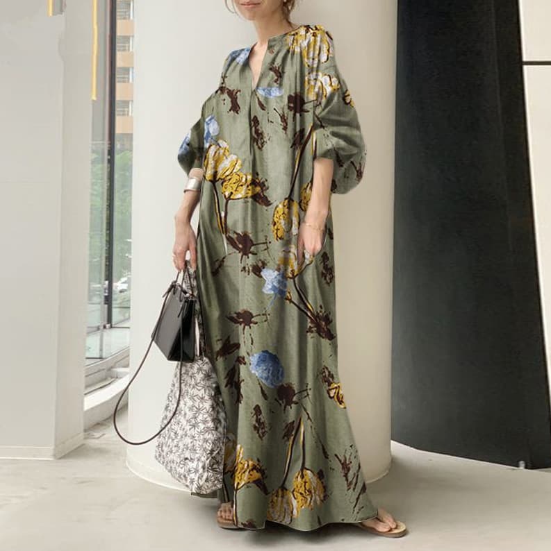 Women's cotton and linen printed V-neck simple loose casual long plus size dress long skirt for women