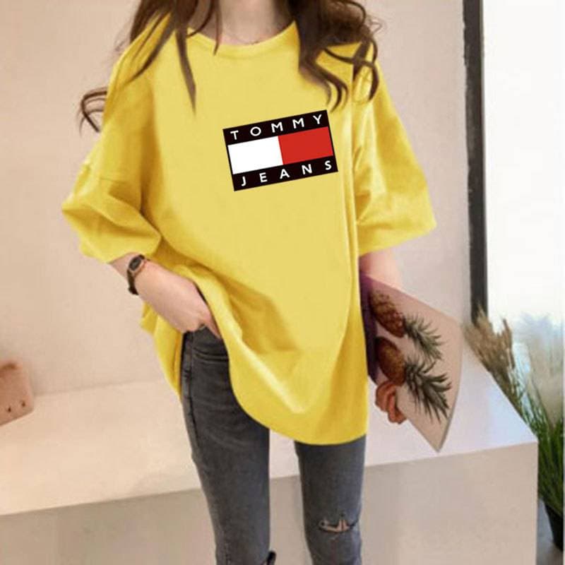 T-shirt mi-long imprimé pour femme, haut ample