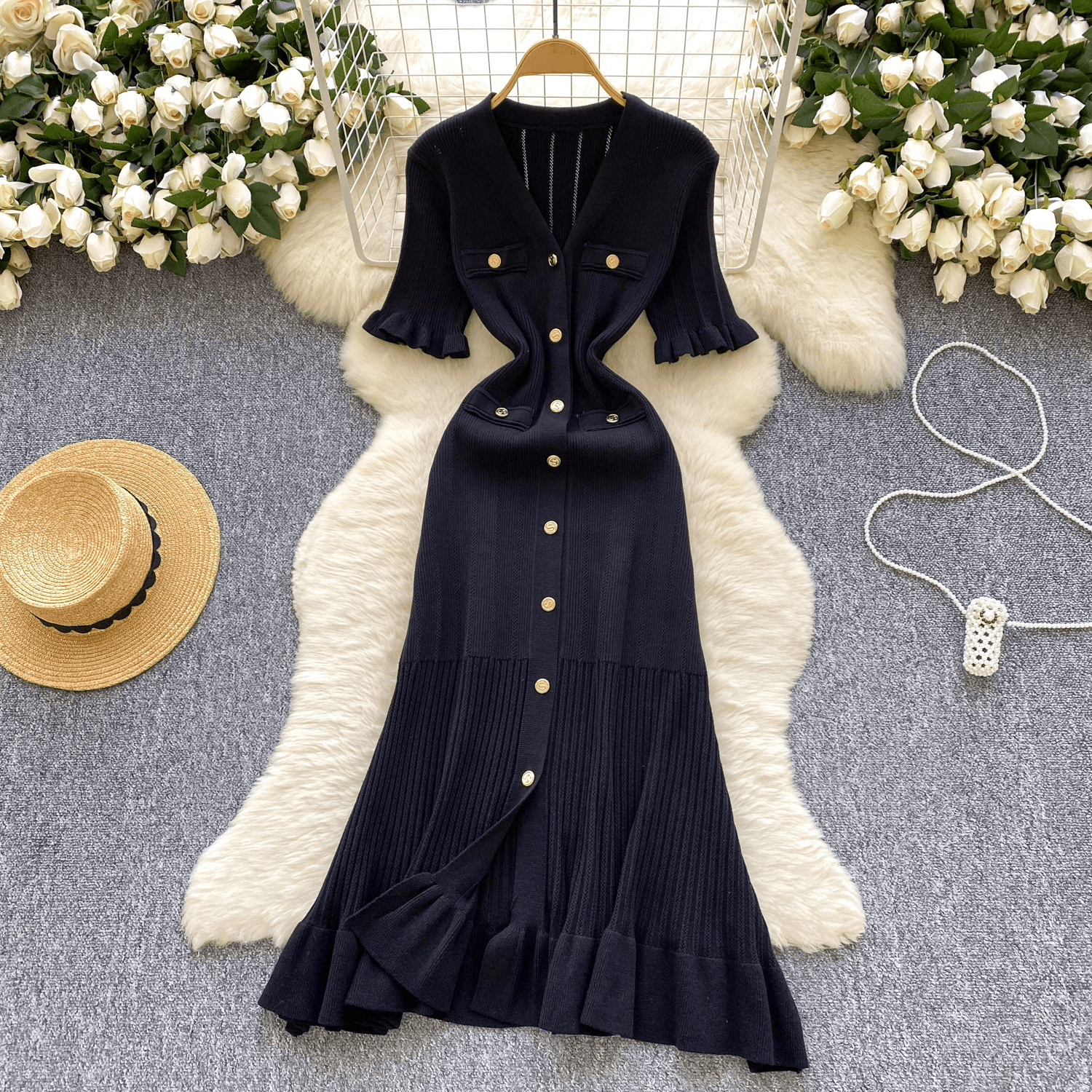 Women’s Clothing High End Knitted Dress For Women Summer Ruffled Single Breasted Design Temperament Light Luxury Long Skirt