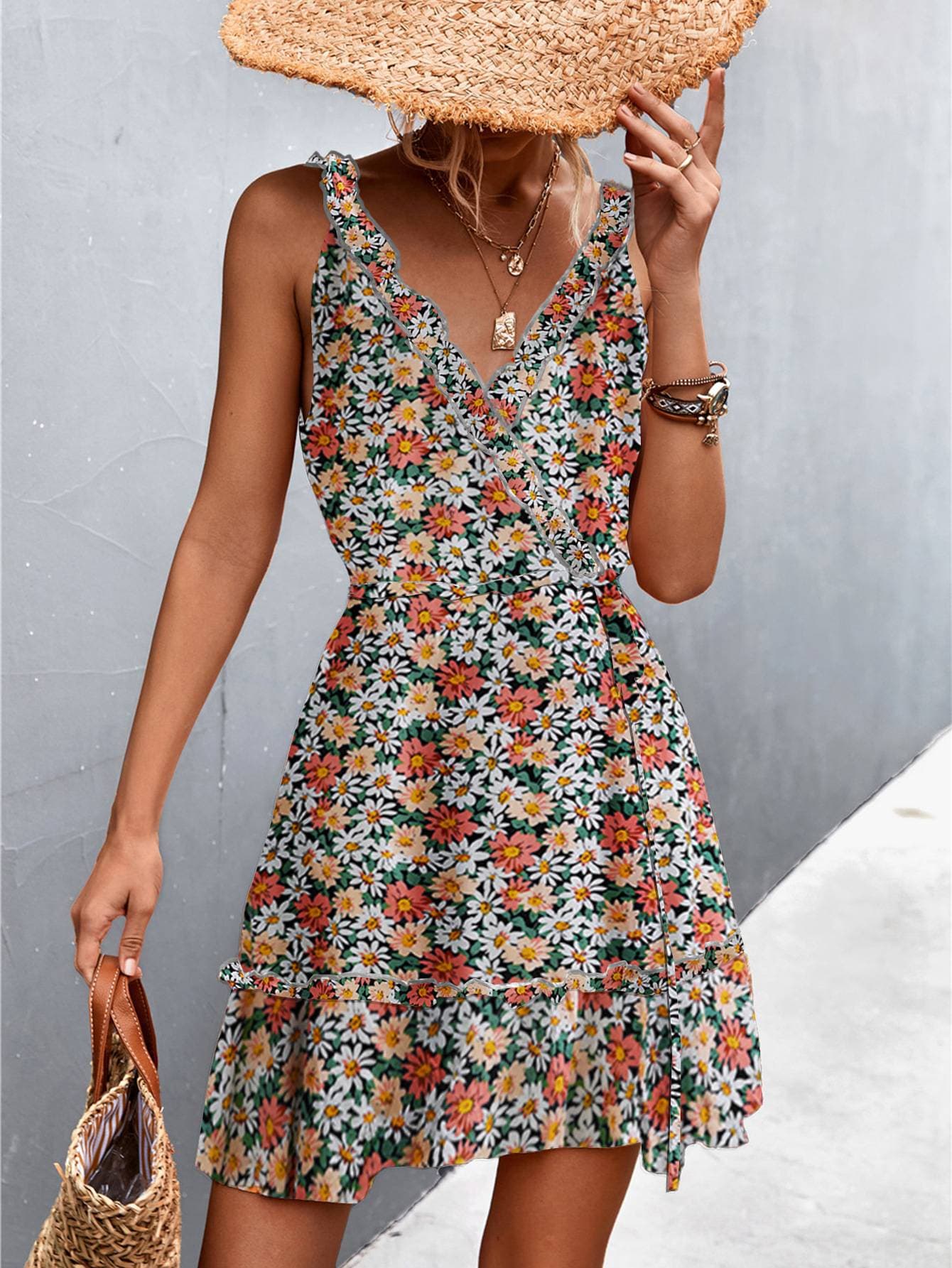 Women's Clothing Spring/Summer New V-Neck Lace Up Ruffle Edge Fragmented Flower Strap Dress
