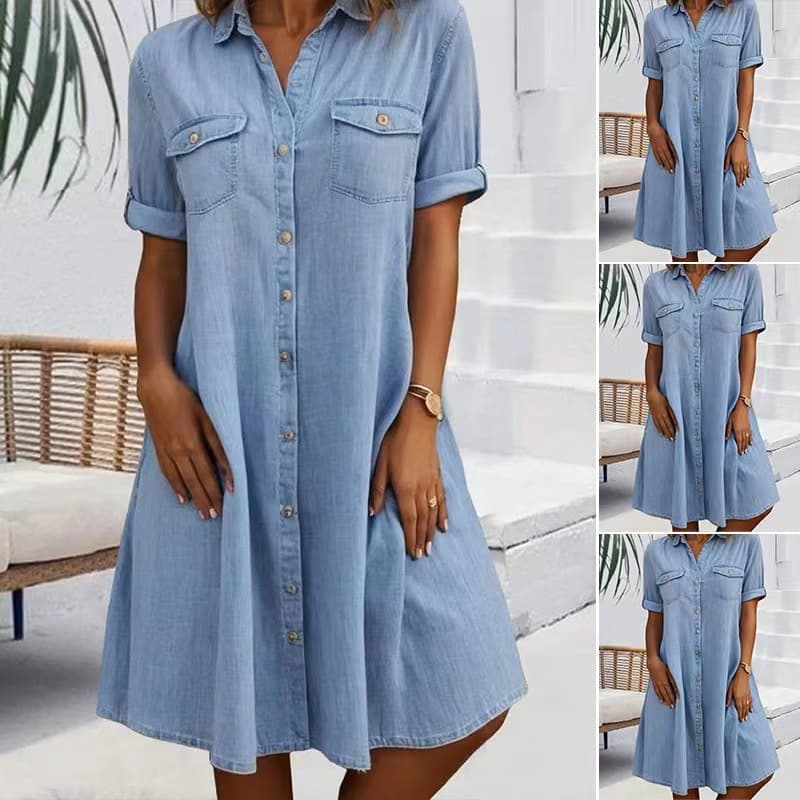 Women's Clothing Denim Dress Solid Color Plus Size Dress ​Plus Size Denim Dress – Oversized Cotton Shirt Dress (Light Blue, Dark Blue, Black)