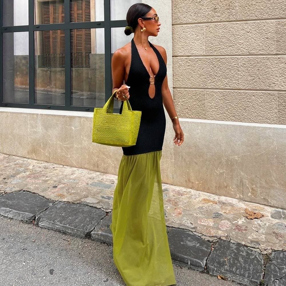 Women's Clothing Autumn New Backless Sleeveless Strappy Hollow Contrast Color Dress For Women