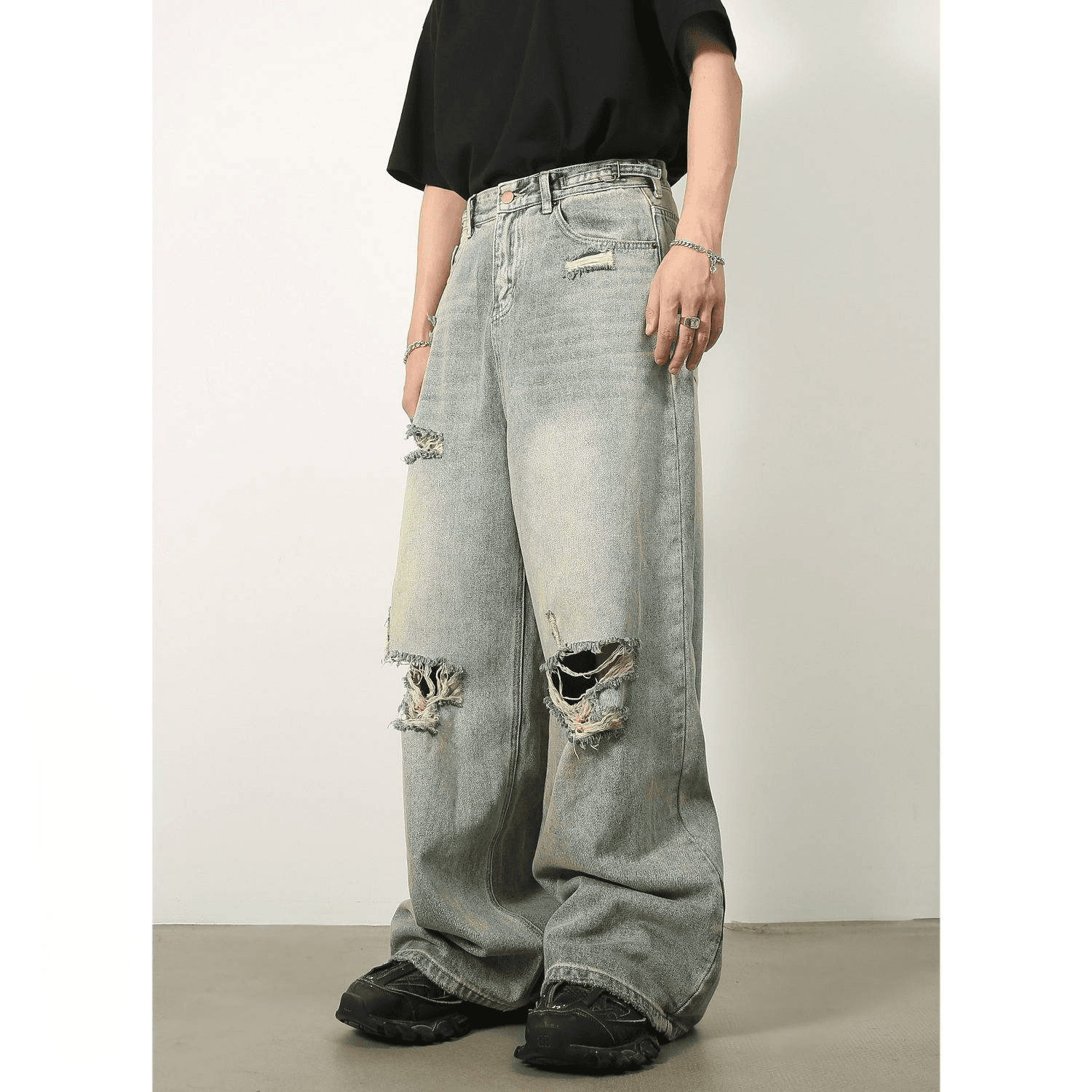 Men's Clothing Denim Ripped Jeans Washed And Distressed Retro Loose Wide Leg Trousers