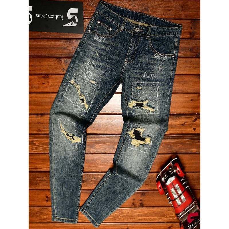 Men's Clothing Men's High-End Ripped And Patched Style Slim Fit Jeans Distressed Trendy Fashionable Long Pants