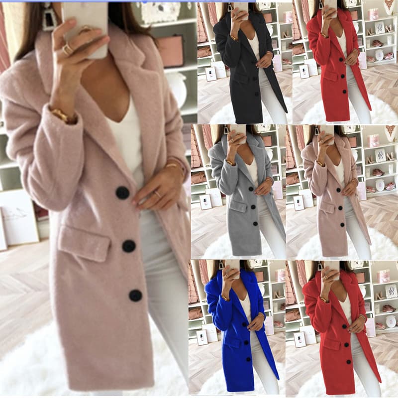Women's Solid Color Suit Collar Medium Long Double-breasted Woolen Coat