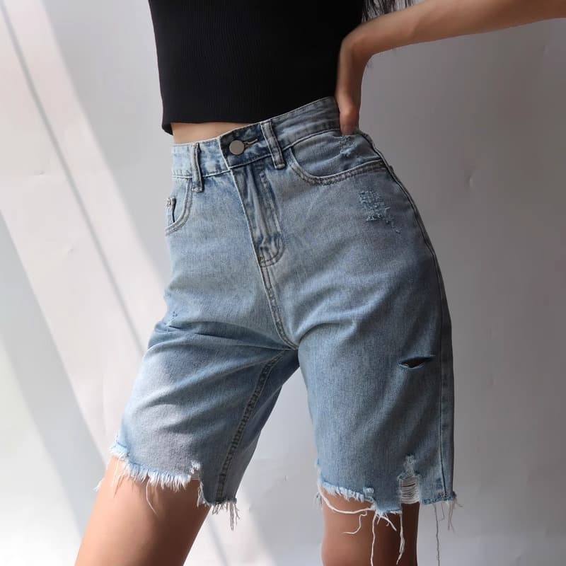 Women's Clothing Ripped Denim Shorts High Waist Black Loose Mid Length Pants Straight Five Point Pants