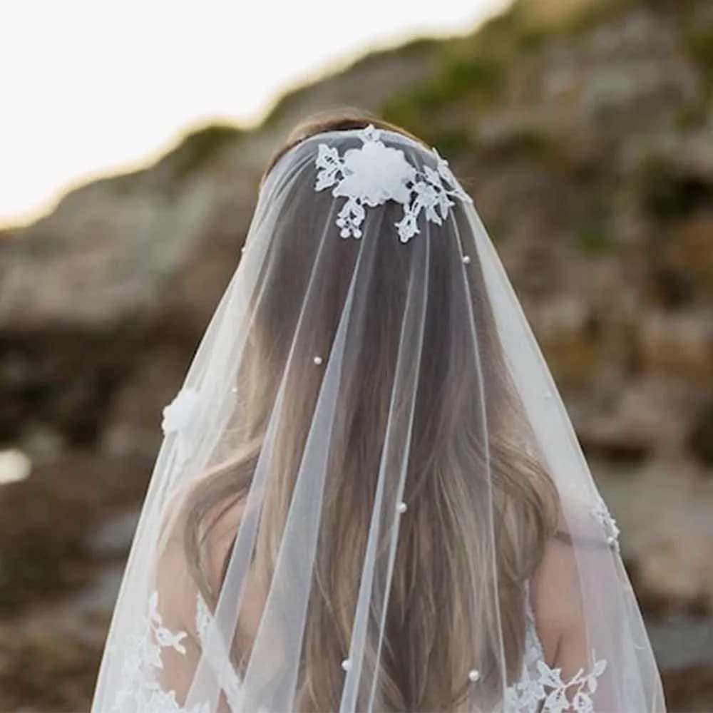 Hair Jewelry 3D Flowers Bridal Veils Pearls Veil 1 Tier Long Cathedral veu with Comb Wedding Accessories for Bride VP56