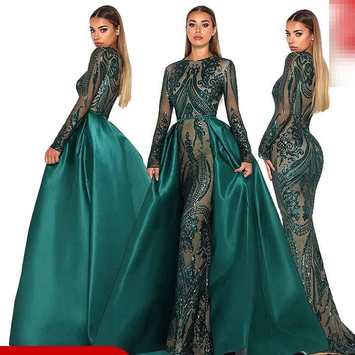 ​​Elegant Mermaid Wedding Dress With Long Sleeves & Lace Detailing – Deep V-Neck, Floor-Length Train – Champagne & Emerald Green​​