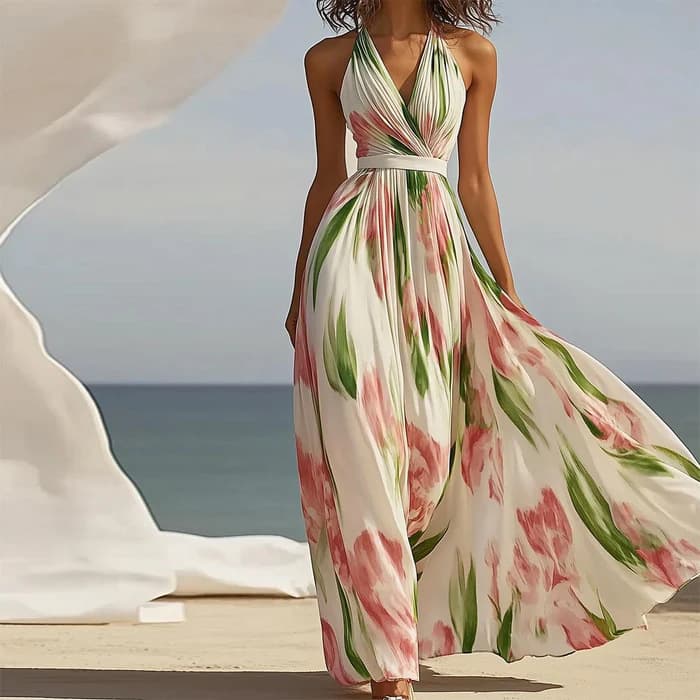 Women's Sleeveless V-Neck Long Dress With Digital Print And Belt Collection