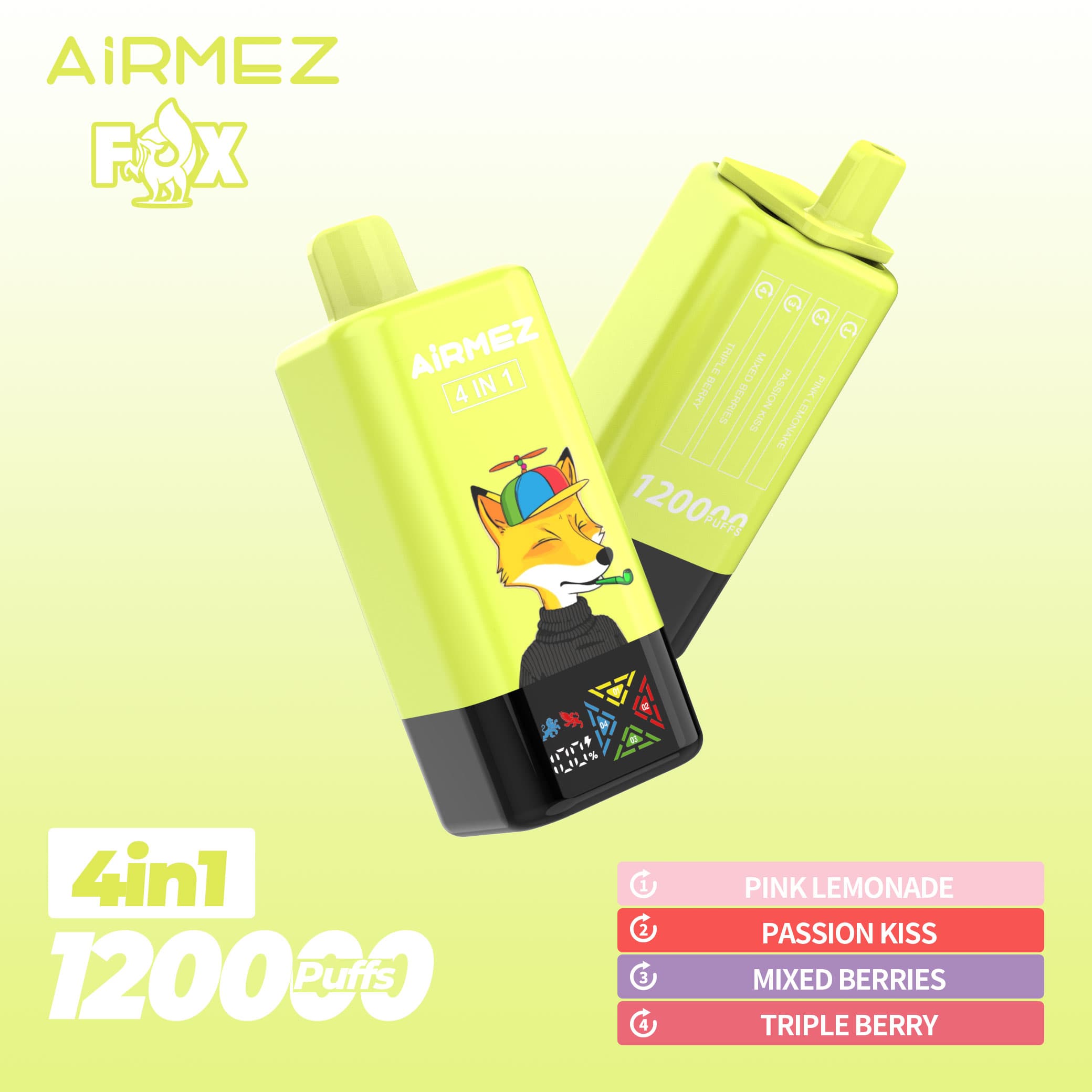 Airmez Fox 120K bouffées, 4 saveurs en 1, nouvelle cigarette électronique rechargeable originale avec écran LCD, jetable, entrepôt UE