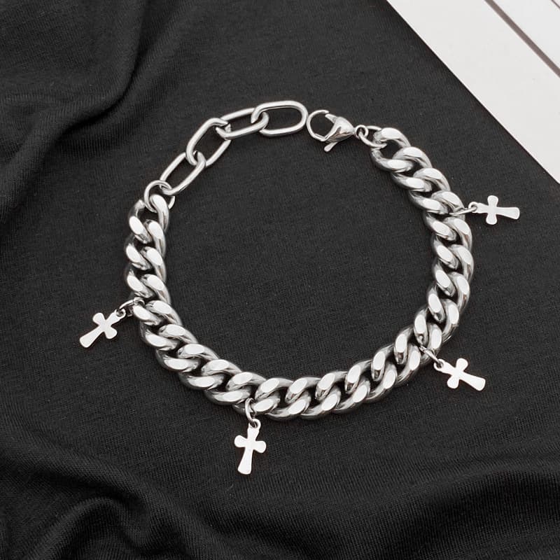 Personality Trend Retro Trend Ins Men And Women Cold Style Hip Hop Couple Jewelry Titanium Steel Cross Cuban Bracelet