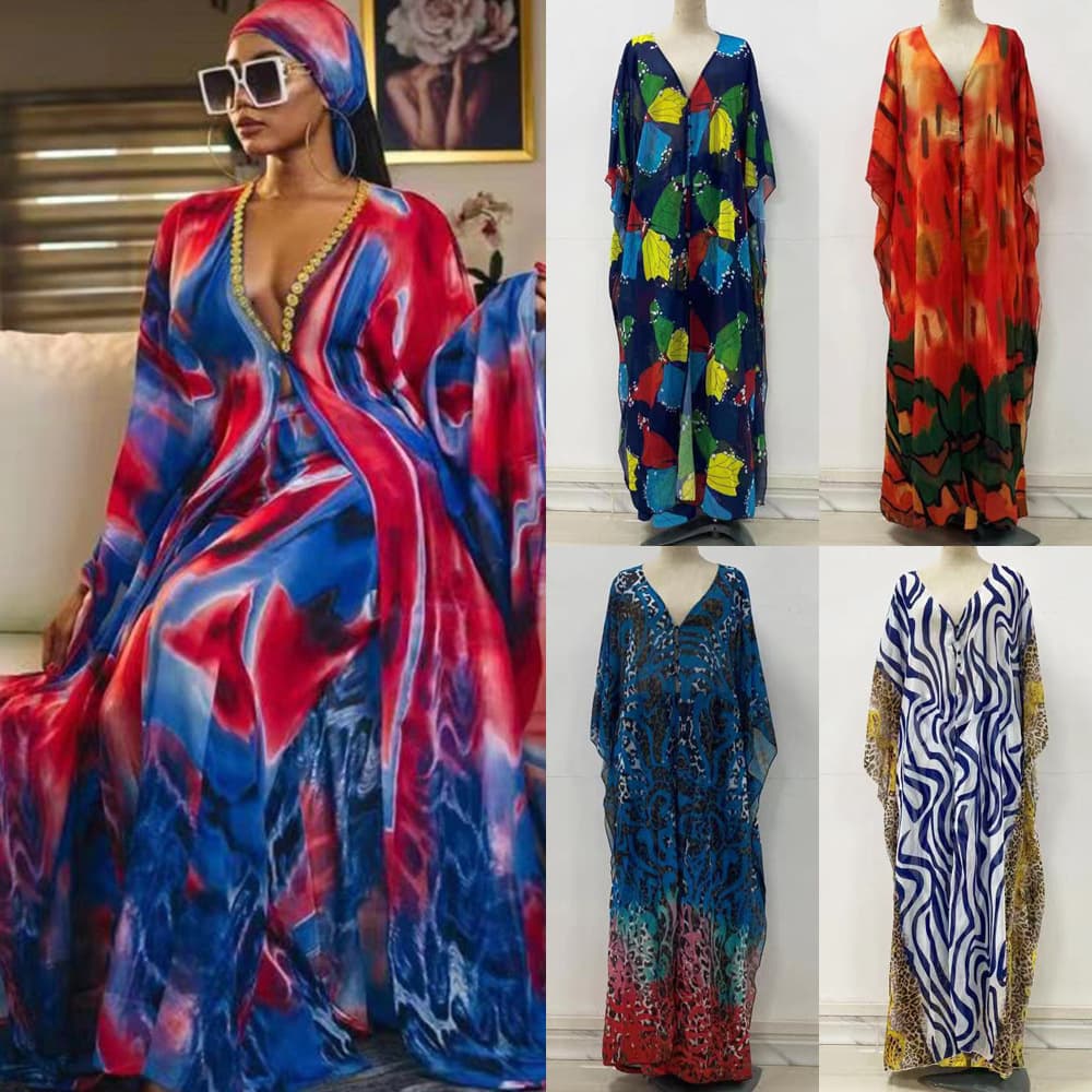 Elegant African Print Maxi Dress With V-Neck - Flowy Chiffon Plus Size Women's Dress For Spring (S-XXXL)