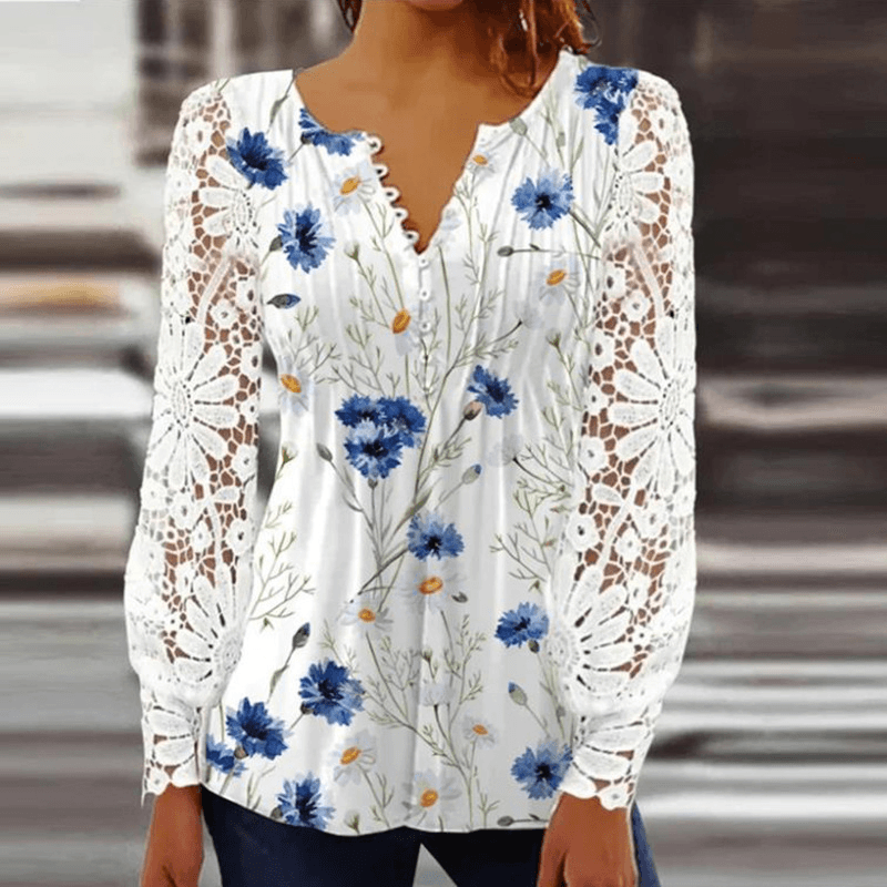 Women's Lace Lace Sleeves Pressed Solid Color Button-down T-shirt Base