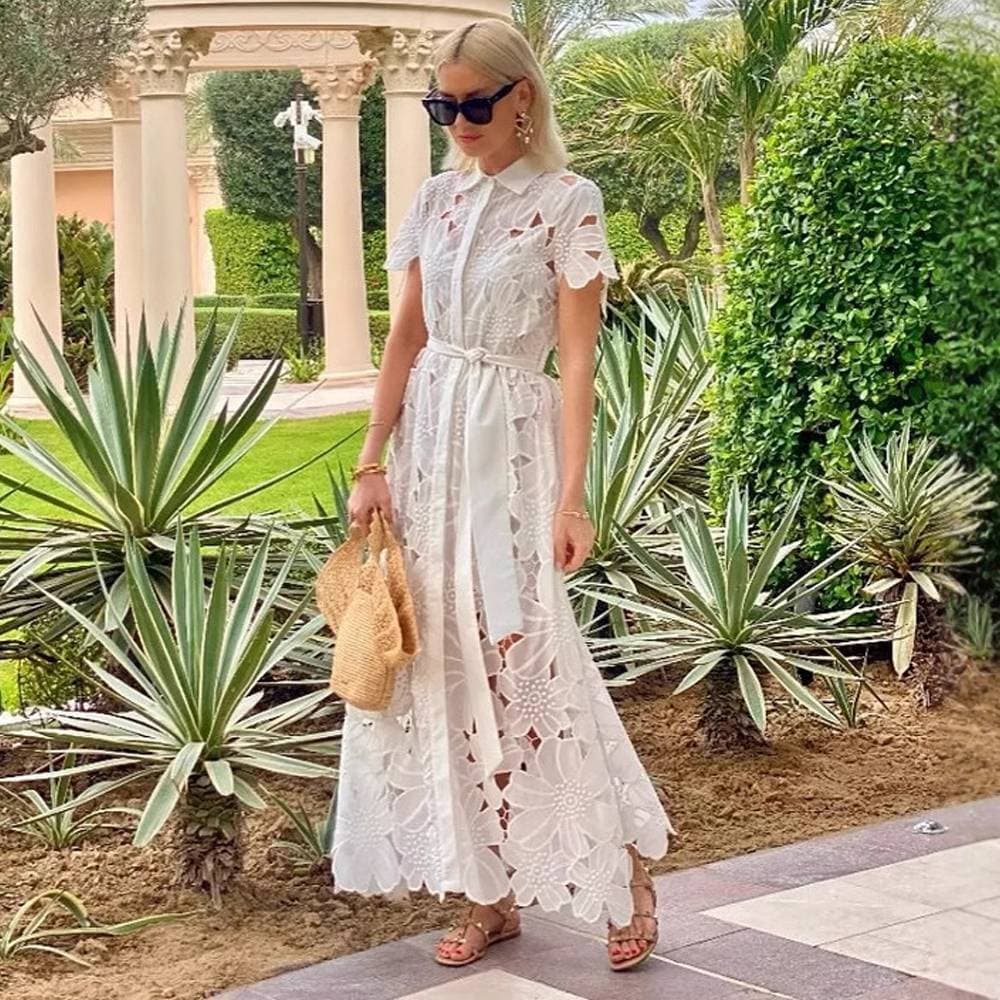 Women's Clothing Spring And Summer New Short Sleeve Single Breasted Hollow Flower Lace Midi Dress
