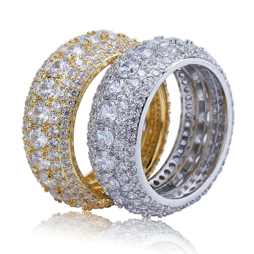 Men's Hip Hop Cubic Zirconia Ring - 5 Row Full Zircon Micro Pave Geometric Ring For Men & Women - Gold, White Gold, Black/Pink/Rainbow Diamond