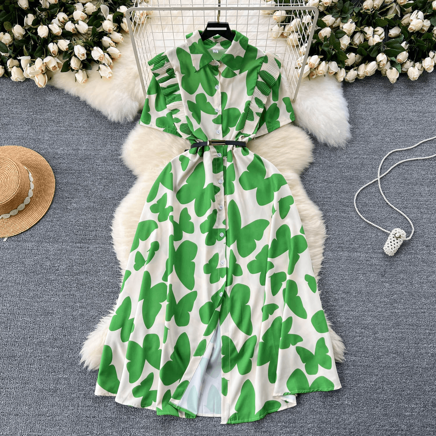 Women's Clothing Light mature style niche women's dress 2024 summer new design sense wood ear edge waist print elegant long skirt