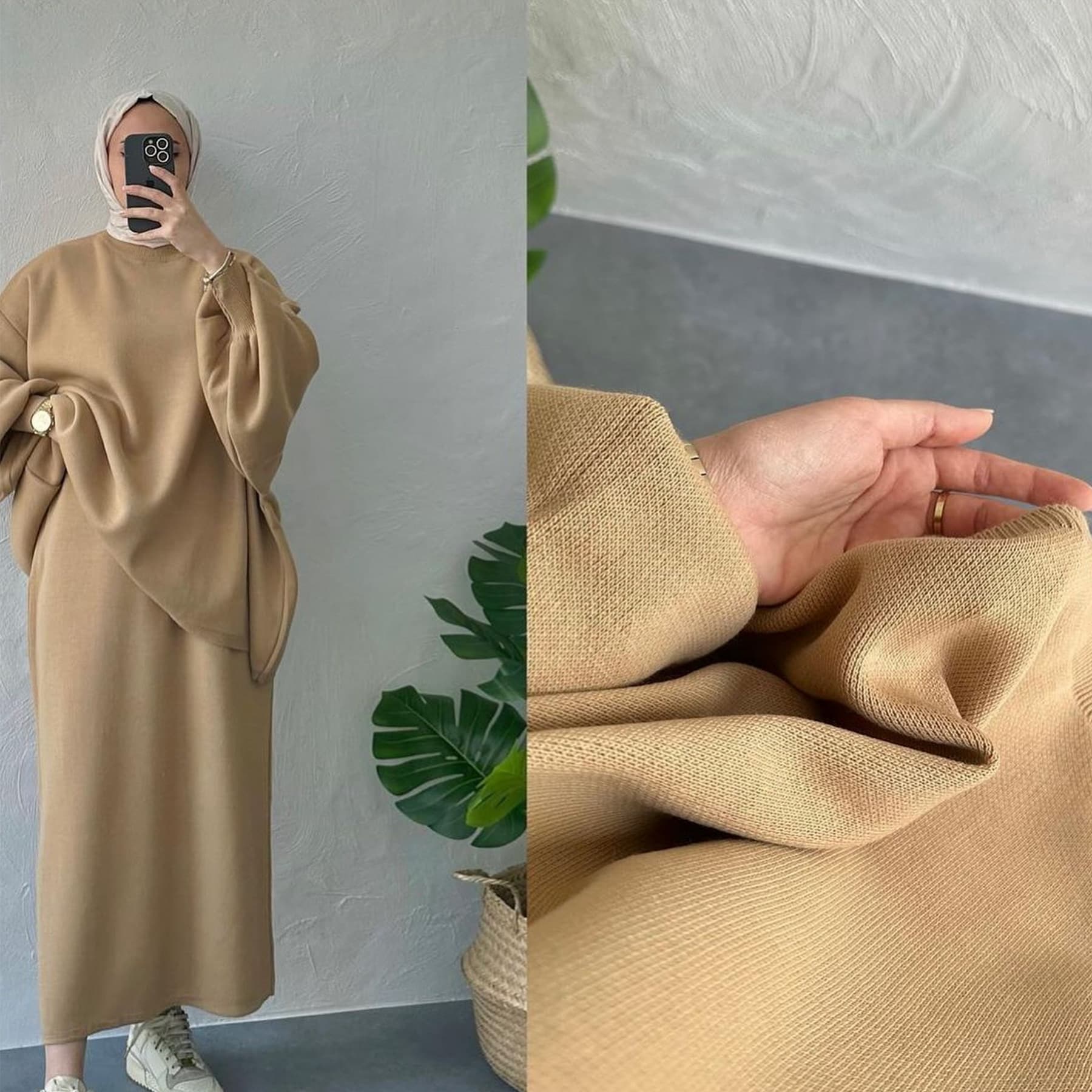 New Loriya Middle Eastern Muslim Thickened Knitted Set, Solid Color And Multi-Color Two-Piece Set
