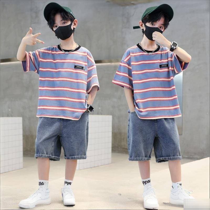 Mother & Kids Boys Summer Set Trendy Stylish Short Sleeved T-Shirt Two Piece Clothing For Kids 3-7 Years Old