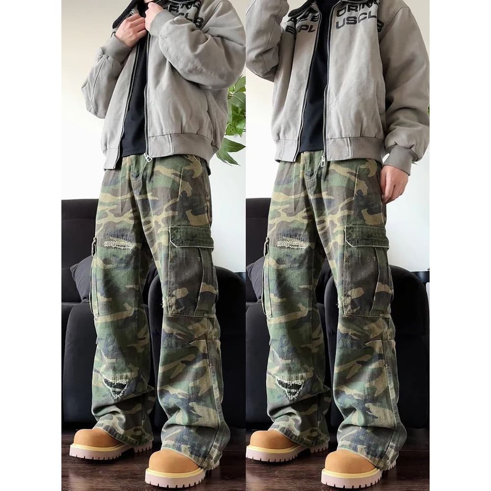 Men's Clothing Cleanfit High Street Distressed Patchwork Camouflage Distressed Denim Jeans - Loose Fit, Streetwear, Summer, Comfortable, Stylish​