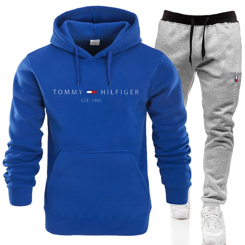 PQ Automne Hiver Hommes Pull Plus Polaire À Capuche Costume Imprimé Couleur Unie Pull Sport Ensemble 2 Pièces