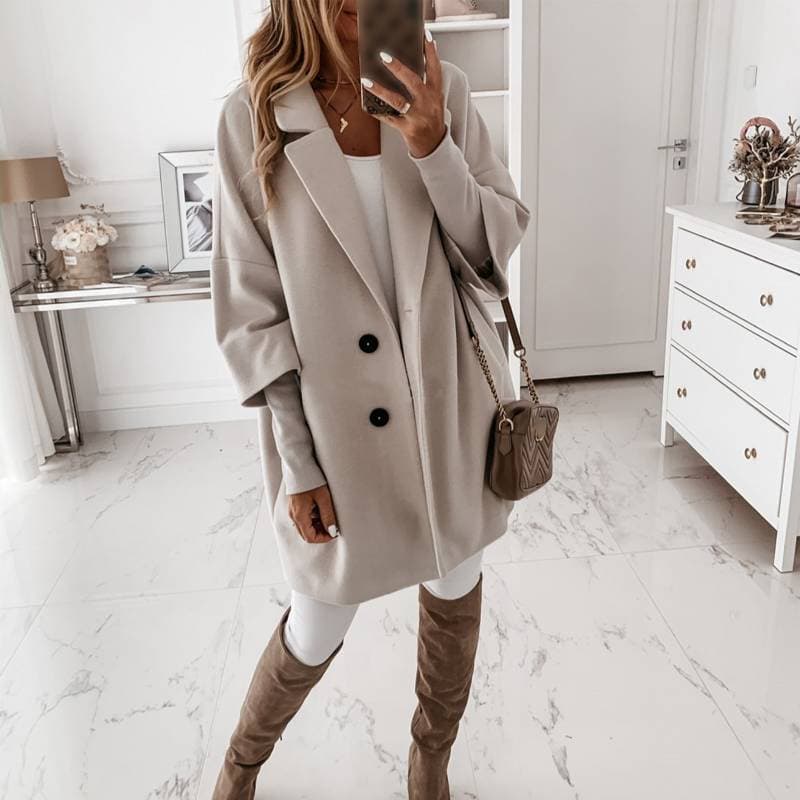 Women's fashion three-quarter sleeve button-down lapel pocket woolen coat