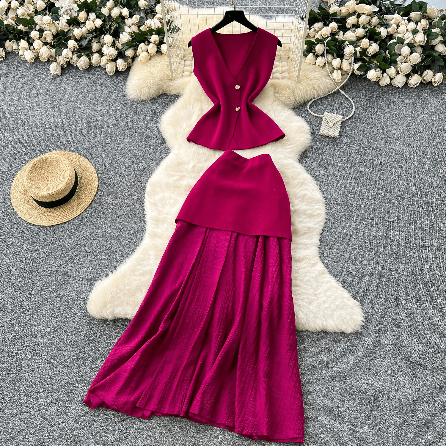 Women's Clothing Temperament Two Piece Suit Sleeveless Knitted Top High Waist Splicing Hip Skirt Suit