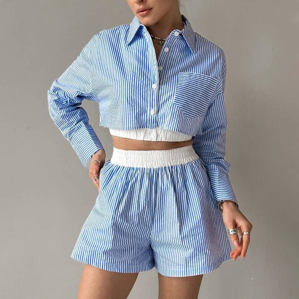 Women's Clothing Striped Shirt Long Sleeved Ladies Two Piece Suit Fashion Casual Elastic Waist Shorts Suit