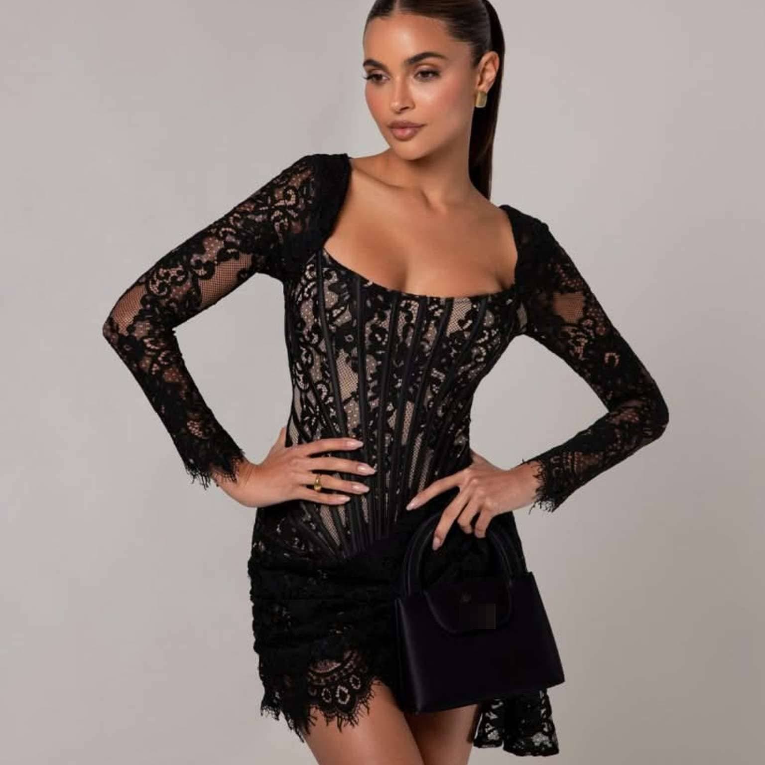 Women's Clothing Lace & Corset Long-Sleeve Mini Dress – Sexy Bodycon Dress With Sheer Detailing
