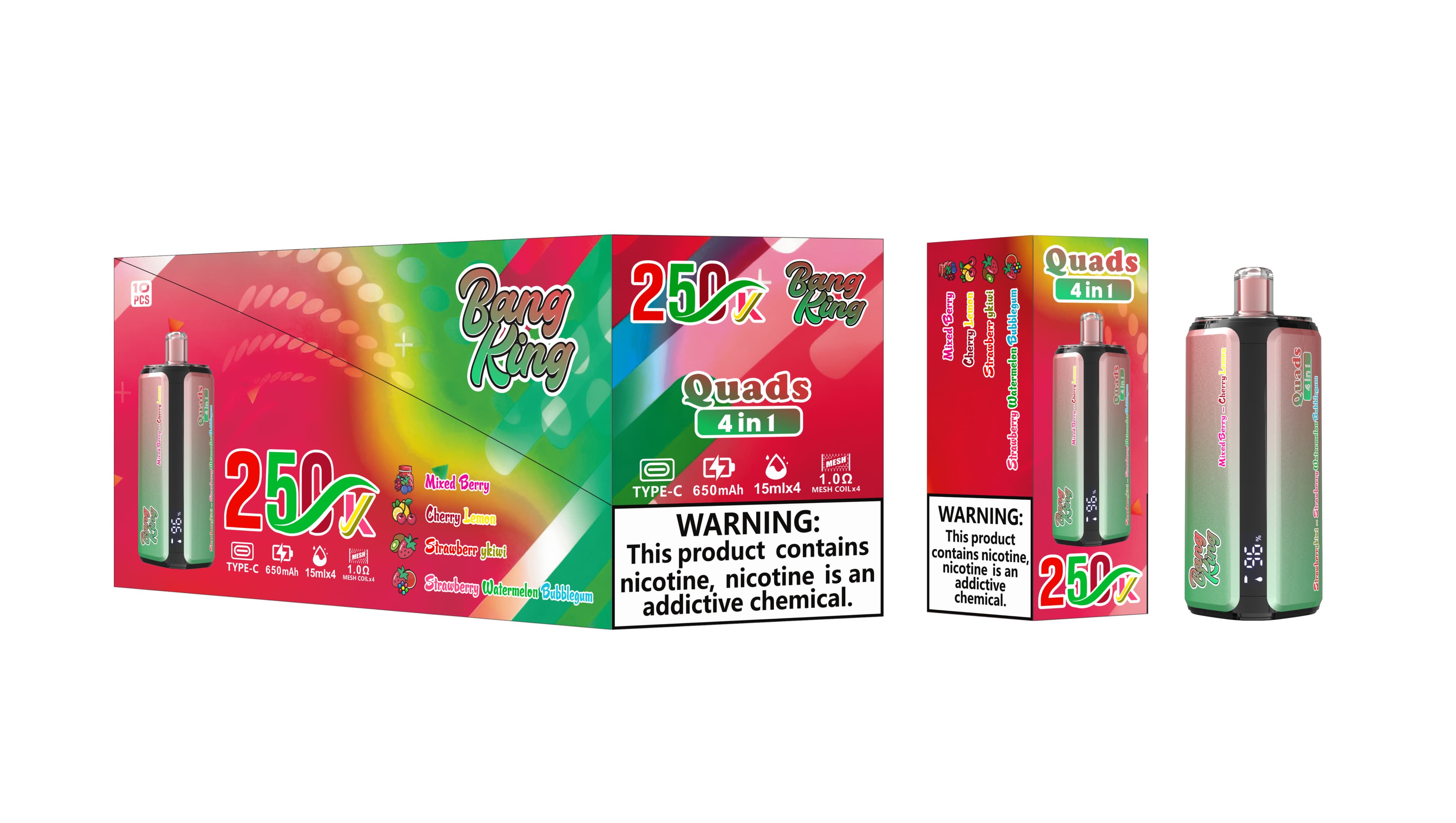 Cigarette électronique jetable Bang King de haute qualité, 250 000 bouffées, écran intelligent, 4 saveurs en 1, prix abordable.