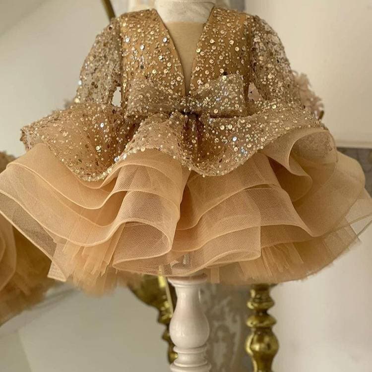 Girls Long Sleeve Dress Sequins Puffy Gauze Skirt Piano Catwalk Performance Costume Children's Fashionable Outfit